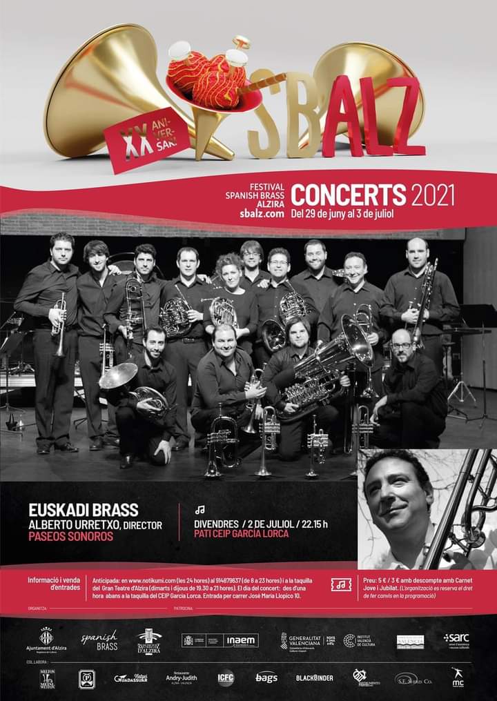euskadibrass's tweet photo. Hoy en el Festival SBALZ uno de los conciertos más especiales!! Euskadi Brass, dirigidos por Alberto Urretxo. En el concierto estrenamos la obra Berlanguiana del compositor residente Vicent Ortíz Gimeno. 
Os esperamos a todos!! https://t.co/CK6uRoaWbL