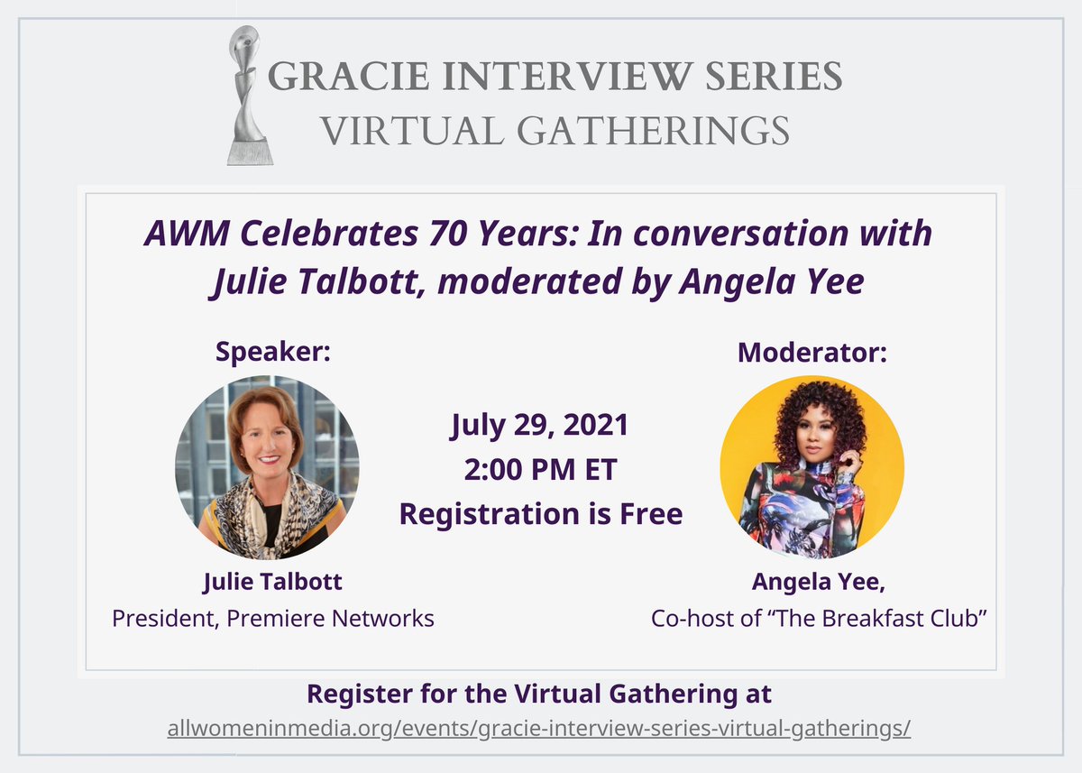 AWM is celebrating its monumental 70th anniversary! In celebration of 70 years of courageous women in media, Julie Talbott and moderator <a href="/angelayee/">Angela Yee</a> will join us for the next installment of the Gracie Interview Series on July 29. Register today at bit.ly/3hteEO6