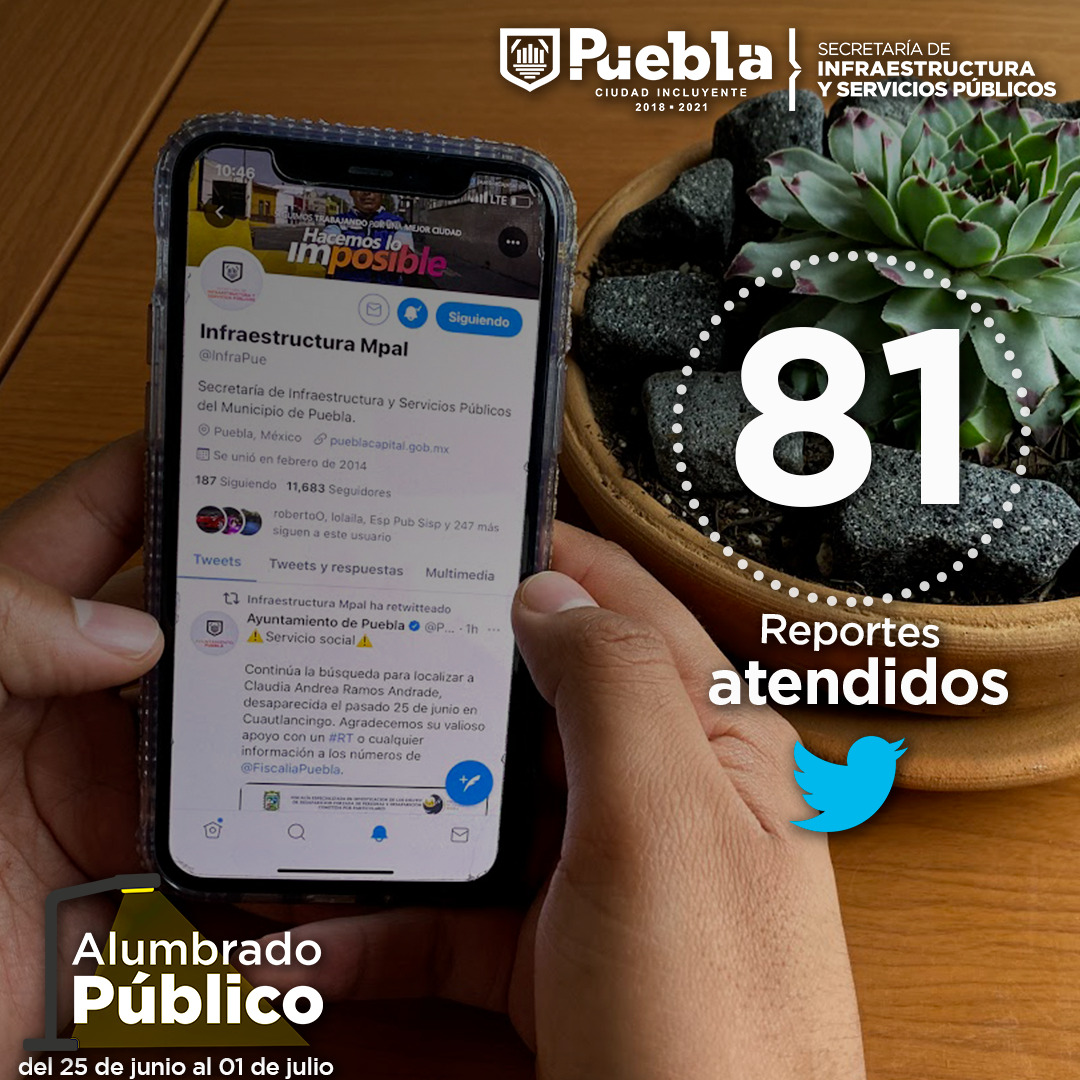 InfraPue's tweet photo. #TrabajandoPorPuebla 💡Esta semana nuestros compañeros del Depto. de Alumbrado Público atendieron 81 reportes de la ciudadanía en redes sociales. Recuerda que si ves que una luminaria está fallando la puedes reportar por este medio anexando dirección o número de poste. https://t.co/7vPWeMttmw