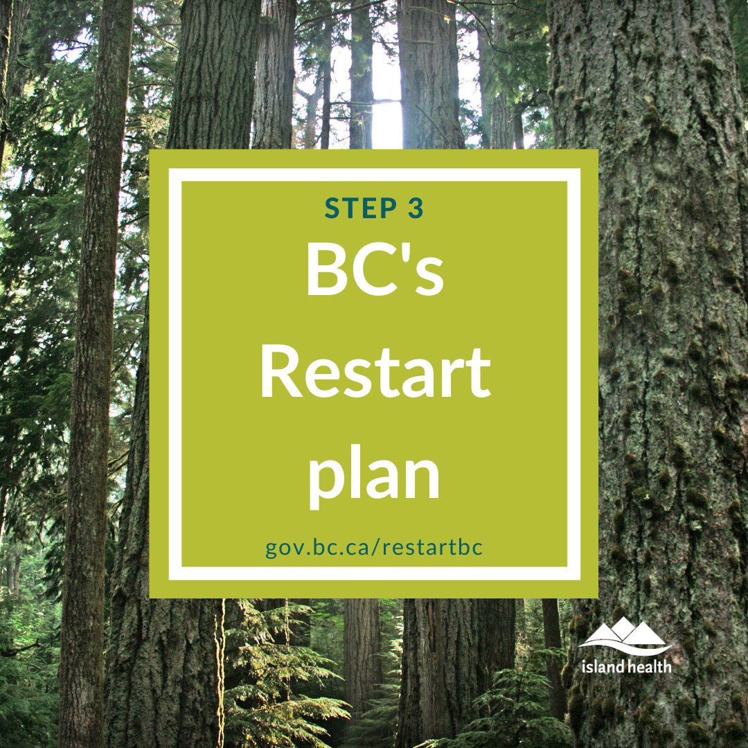 VanIslandHealth's tweet photo. As of July 1, we're in step 3 of the provincial restart plan!
Here are just a few of the latest updates as we safely #RestartBC.
Keep up to date with PHO guidance & view all that you can do now: https://t.co/kOCAzBMMM1. #COVID19IslandHealth https://t.co/3gutjFdcKW