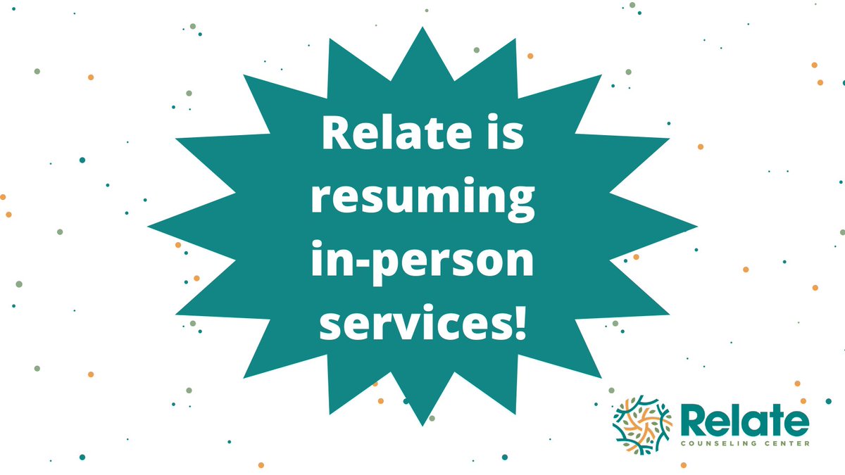 Relate_CC's tweet photo. More big news: After over a year of only offering #telehealth services, #RelateCounselingCenter is transitioning back to in-person services! Learn more about what this means for clients: https://t.co/l4JD60iskh https://t.co/o25Mk3FDRn