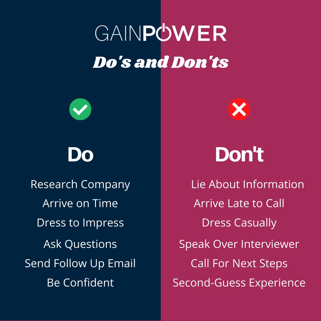 GAINPOWERORG's tweet image. We are still in a pandemic and know that virtual job interviews can be stressful, so we put together a list of virtual job interview dos and don&apos;ts to make it easier to nail your dream job. Let us know if this is helpful! 

#GAINPower #VirtualInterviewTips #JobSeekers