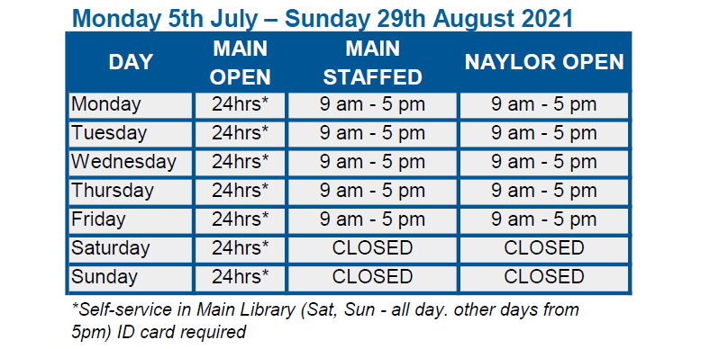 LibraryStMarys's tweet photo. On Monday 5th July, our staffed hours at both Libraries, and our opening hours at Naylor change  to the following hours: https://t.co/ppjbquYrBS