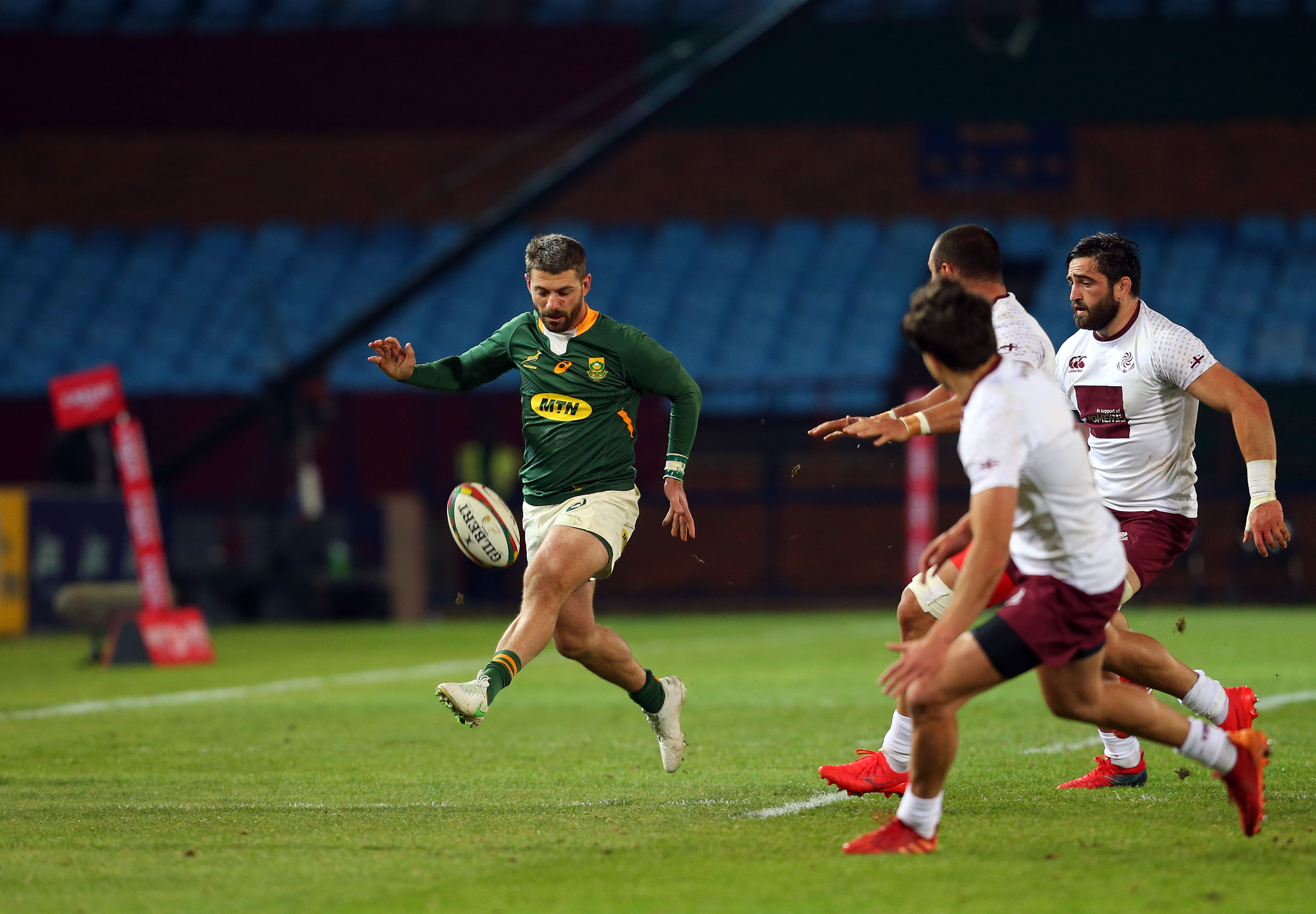 Willie le Roux of South Africa breaks with the ball during the Rugby Union international match between South Africa and Georgia at Loftus Versfeld Stadium on July 02, 2021 in Pretoria, South Africa. 