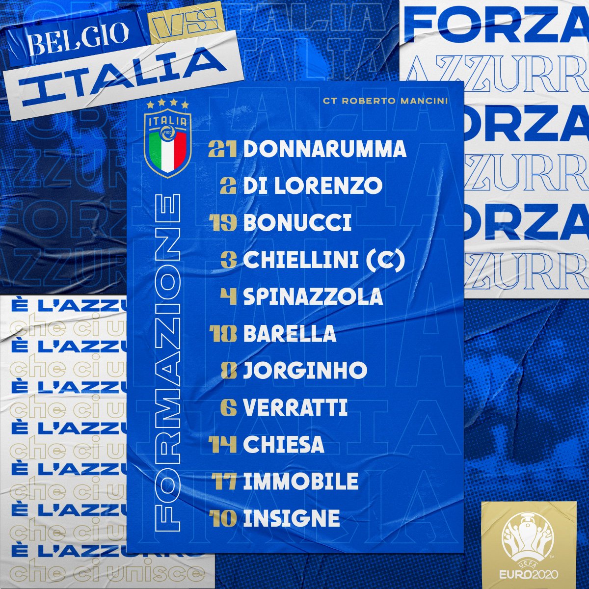 Gli 1⃣1⃣ #Azzurri scelti dal Ct #Mancini!

🇧🇪 #BelgioItalia 🇮🇹 
⏱️ 21.00
🏟️ #FußballArena - #MonacoDiBaviera
⚽️ Quarti di finale 
📺 #Rai1 #SkySport

#ITA #EURO2020 #BELITA
#Nazionale #VivoAzzurro