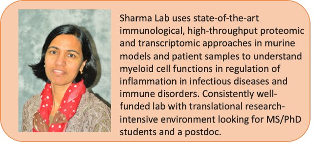 ImmunologyGSBS's tweet photo. Dr. Sharma is an Associate Professor in the Department of Critical Care at MD Anderson. Dr. Sharma is looking for #MSStudents or #PhDStudents and offering #postdocjobs to work on her exciting projects on infectious diseases and immune disorders! @MDAndersonNews https://t.co/MBYZ5YDByf