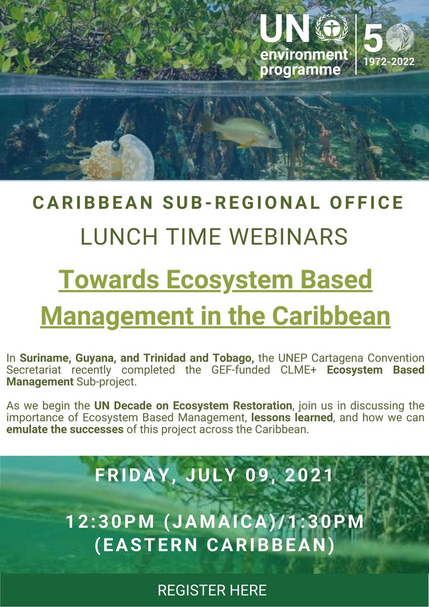 UNEP_CEP's tweet image. WEBINAR📢hosted by @UNEP Caribbean Sub-Regional Office. 

Join us &amp;amp; learn about our work on ecosystem-based management in Guyana, Suriname, Trinidad &amp;amp; Tobago under the @UNDP @theGEF @CLMEplus Project.

🗓️Friday July 9; 🕧12:30 p.m. JA time

Registration: unep.webex.com/webappng/sites…