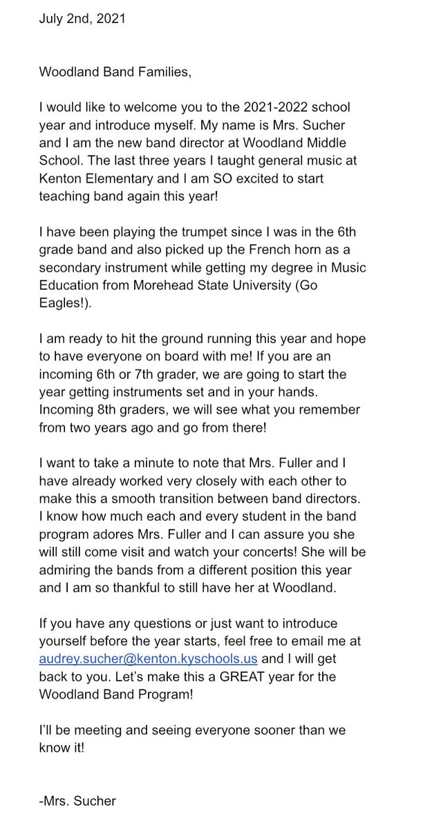 wms__band's tweet photo. A welcome message from Mrs. Sucher: 🎶 @wmswildcat https://t.co/LA5OrNJZvM