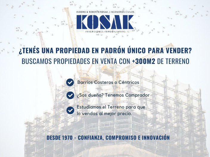 Kosak Inversiones Inmobiliarias BUSCA PROPIEDADES EN VENTA para Desarrollos Inmobiliarios.

¿Sos dueño de una Propiedad (Casa, Local Comercial, Galpón, etc.) en un Padrón Único? Ideal Padrones con más de 300m2 o en Esquina. 

¿Conversamos?
