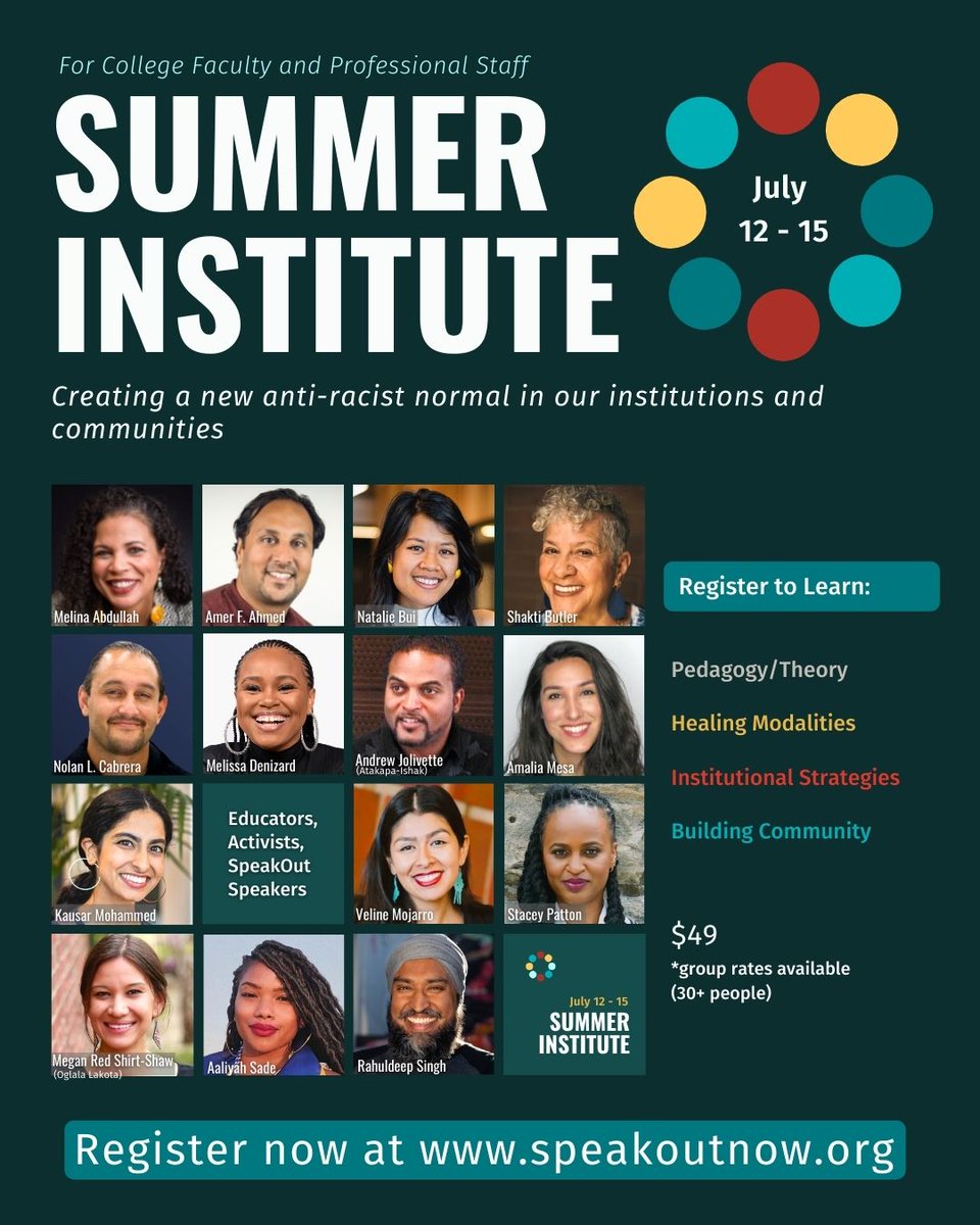 SpeakOut Speakers (@speakoutidec) on Twitter photo Join the SpeakOut Summer Institute for faculty and professional staff! July 12 - 15, 2021⠀
⠀
Register here: buff.ly/3xcK8OF or contact programs@speakoutnow.org for group registration.⠀
⠀
#criticalracetheory #equityandinclusion #equity #antiracism #antiracist Join the SpeakOut Summer Institute for faculty and professional staff! July 12 - 15, 2021⠀
⠀
Register here: buff.ly/3xcK8OF or contact programs@speakoutnow.org for group registration.⠀
⠀
#criticalracetheory #equityandinclusion #equity #antiracism #antiracist