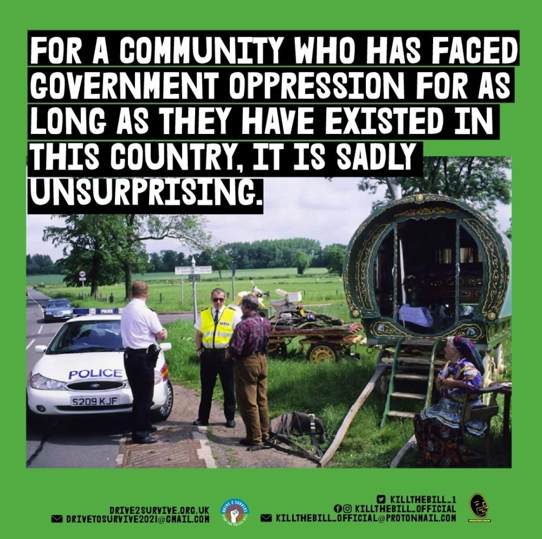 killthebill_1's tweet photo. The Police Bill is a barely disguised attempt to culturally cleanse / eradicate one of the oldest standing traditional cultures in the UK.

Part of this country’s history since the 1500’s is the GRT (Gypsy, Roma, Traveller) community. We'll be there ✊🏿
#Drive2Survive
#KillTheBill https://t.co/N6ABP6vw37