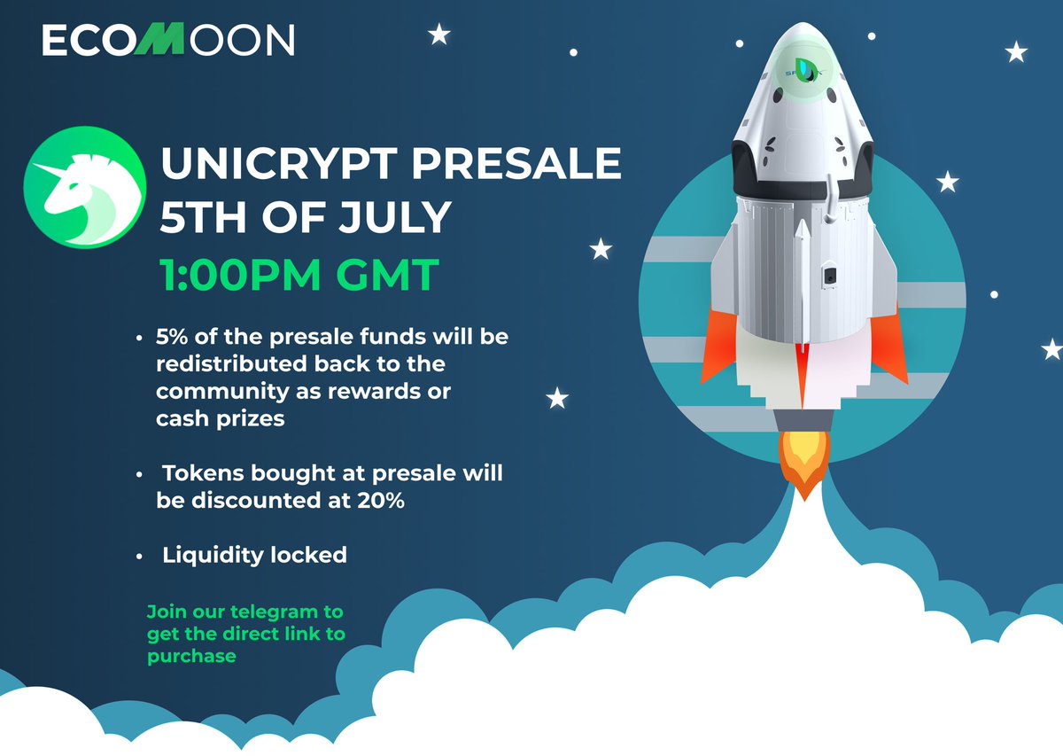 🚨 Pre-sale announcement 🚨

Ecomoon presale goes live on 5th of july 1:00PM GMT on unicrpyt. 

Join our telegram to get presale updates 
 t.me/EcoMoonToken

- Presale tokens discounted at 20%
- 5% of presale funds will be redistributed back to the community as rewards