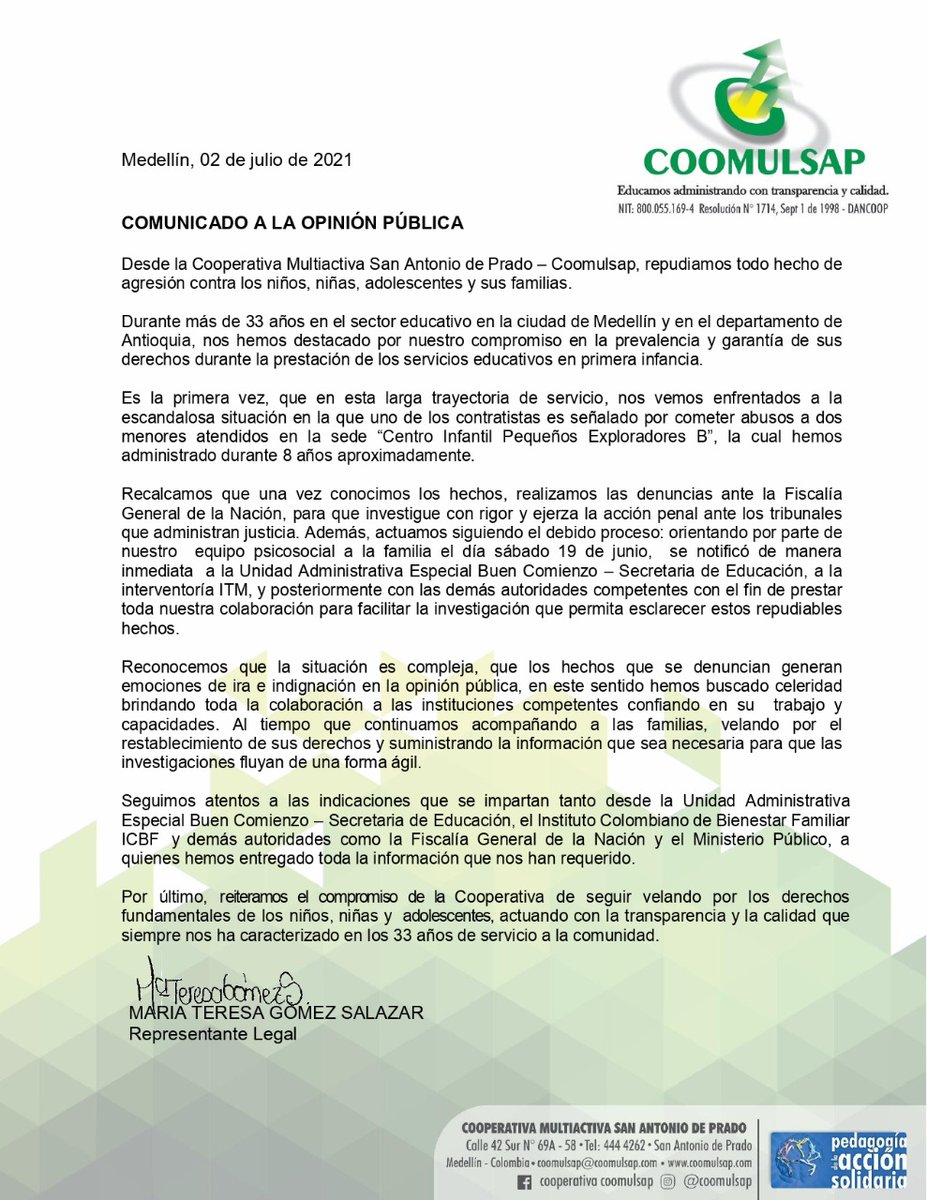 Coomulsap's tweet photo. Desde Coomulsap, procedemos a compartir el siguiente comunicado a la opinión pública. https://t.co/klJC2SdZBw