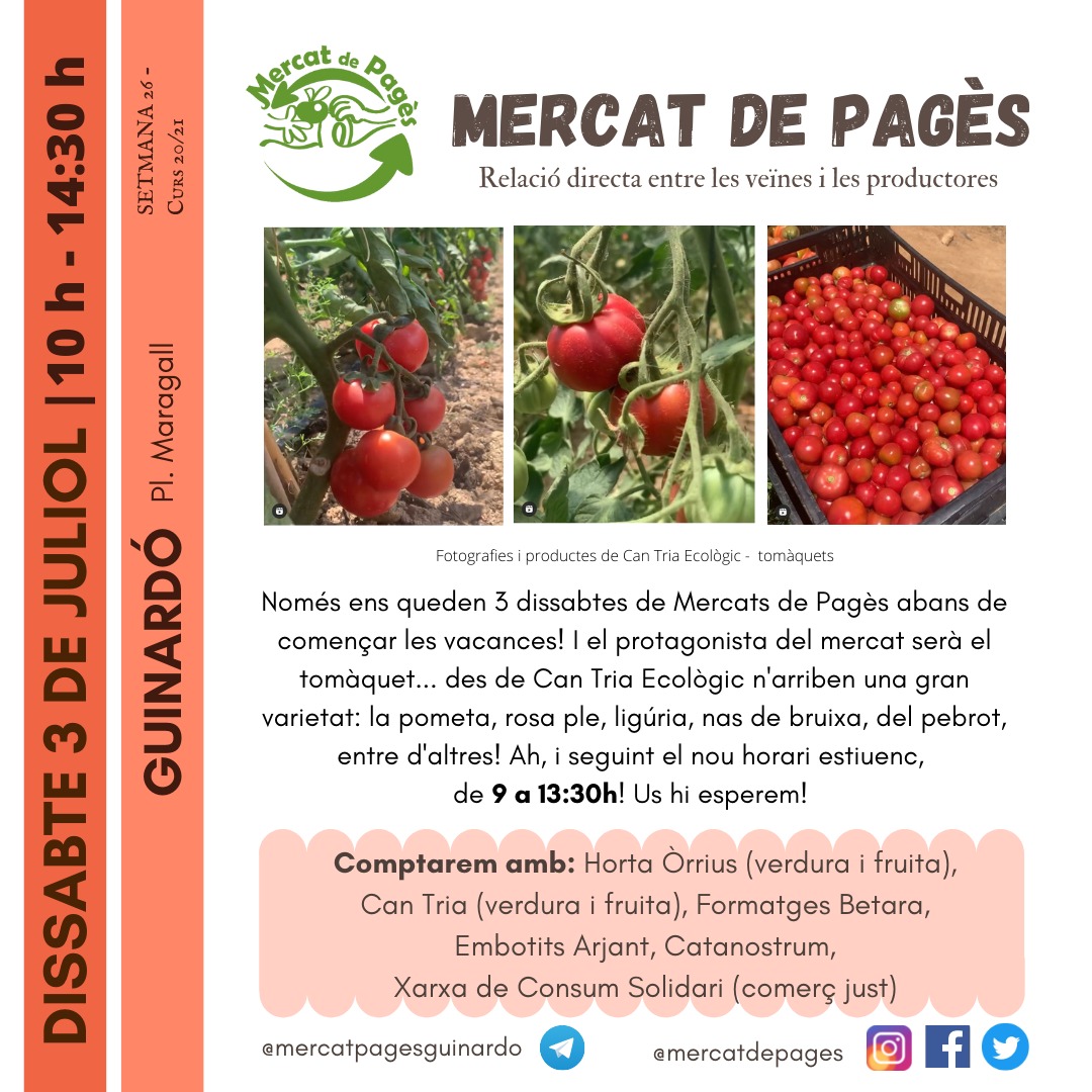 🧑‍🌾Al Juliol seguim fent Mercats pq tot i la calor 🌡️ no podem deixar d'oferir producte fresc 🍅🥬🍒, agroecològic 🍉🍍🧀 i de proximitat!
Recordeu nou horari d'estiu:
🕘 De 9:00 a 13:30h
A on?
📌Fort Pienc
📌Sants/Les Corts
📌Guinardó
📌Germanetes

🌊Refresca't al Mercat!