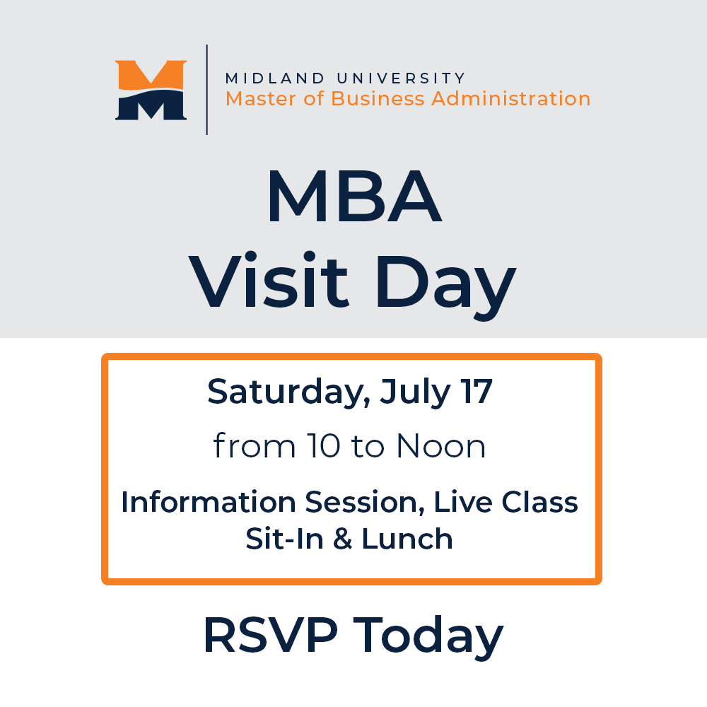 MidlandMBA's tweet photo. Considering an MBA? Join us for our MBA Visit Day July 17th! Explore the benefits of our hybrid program, experience an MBA class, and network with our current students and real-world faculty. RSVP now!

https://t.co/zeuqGT8OwS https://t.co/jeVXpgLX45