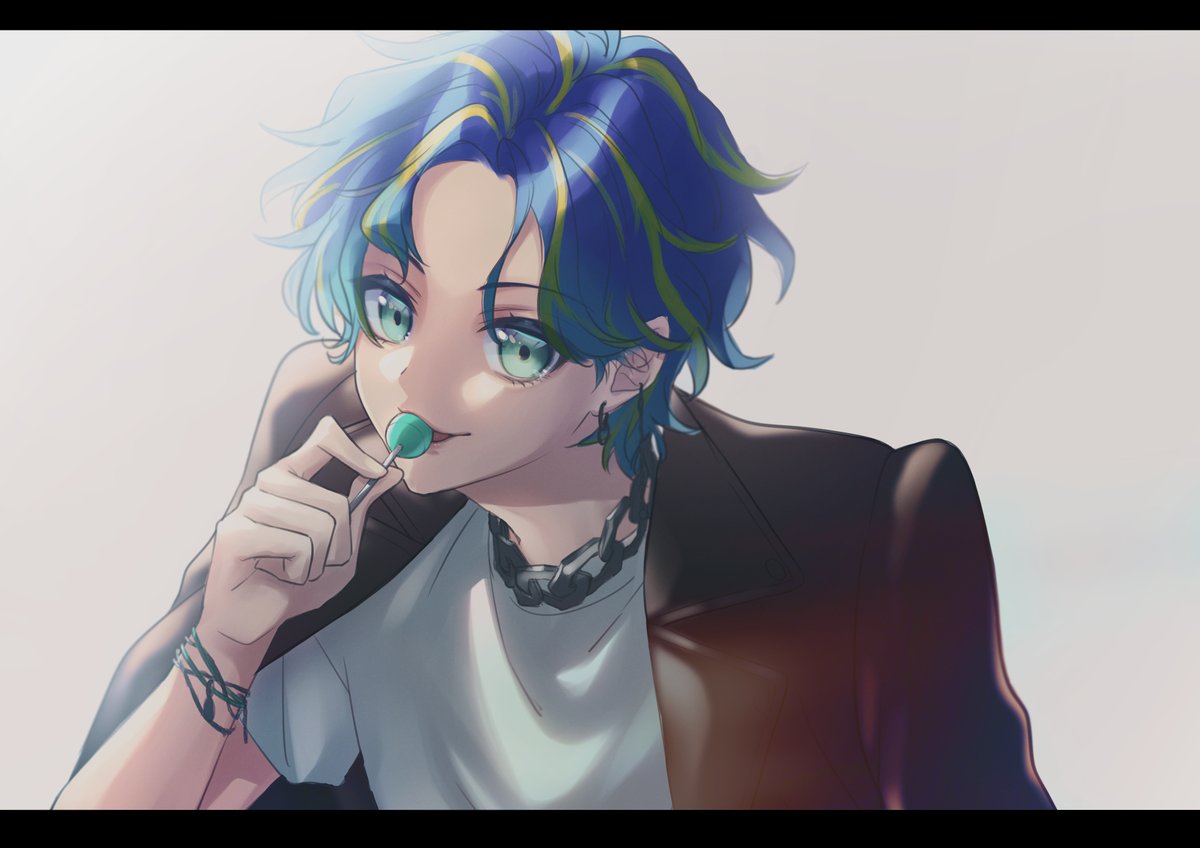 1boy male focus food solo letterboxed blue hair candy  illustration images