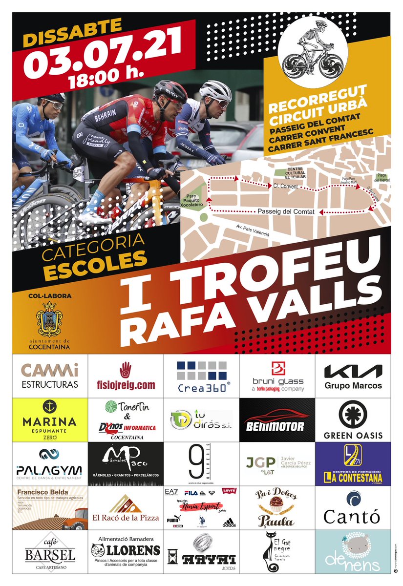 ⚠️RECORDAD⚠️ Mañana, sábado 3 de julio a las 18:00h, en el Passeig del Comtat de Cocentaina, tendrá lugar el “I Trofeu Rafa Valls”, de escuelas de ciclismo. Os esperamos!