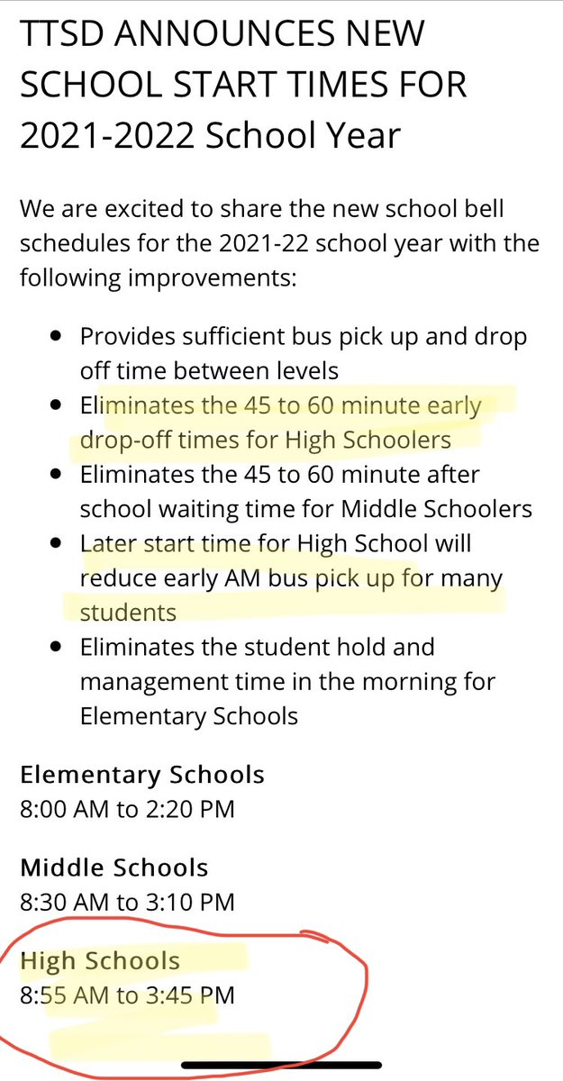 TTSD ANNOUNCES NEW SCHOOL START TIMES FOR 2021-2022 School Year                                                   8:55am - 3:45pm