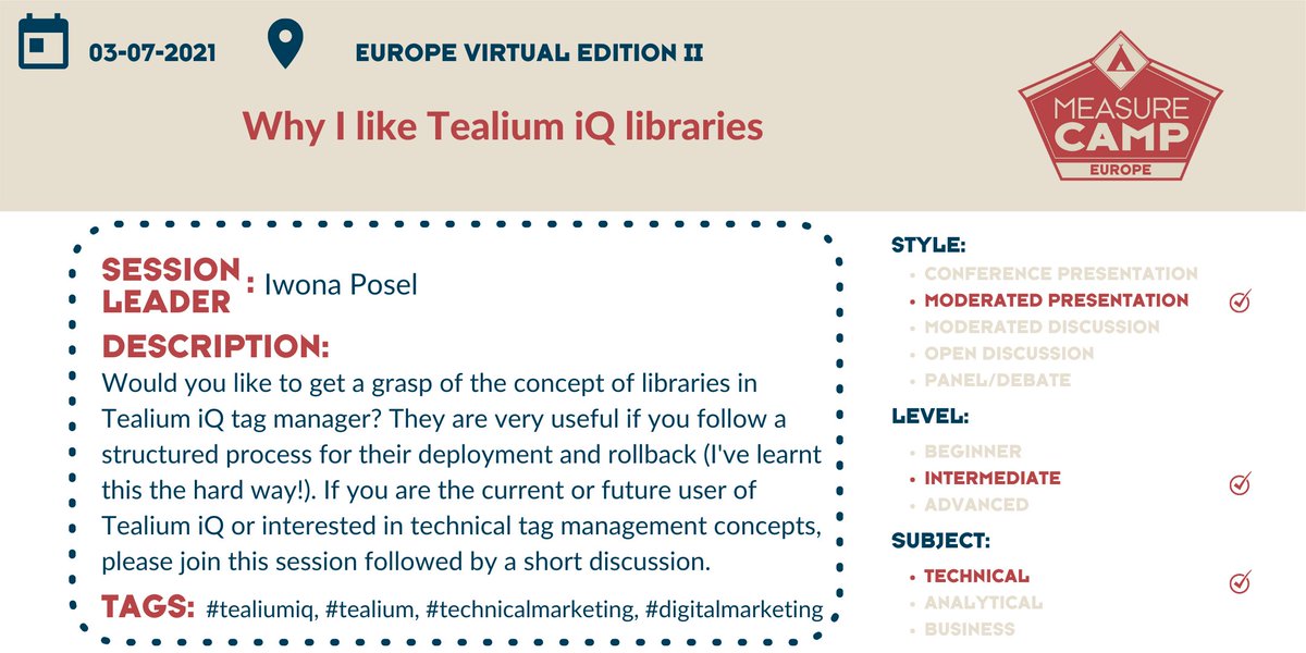 Next up for #MeasureCamp Europe is <a href="/ixonne/">Iwona Posel</a> who will be explaining why she likes <a href="/tealium/">Tealium</a> IQ libraries. Any current Tealium IQ users or anyone who wants to see how a tag management tool that is not GTM can work, this is the session for you.
