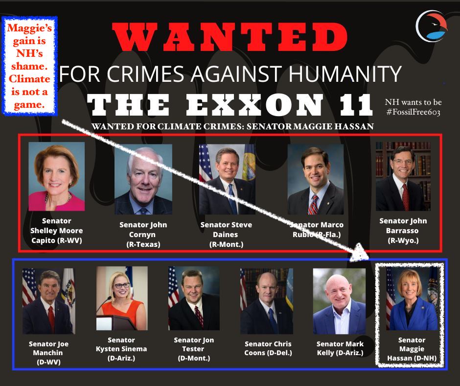 ⚠ WANTED FOR CLIMATE CRIMES: Senator Maggie Hassan

#NHpolitics #ClimateEmergency #ClimateCrisis #FossilFree603 <a href="/NHDems/">NH Democratic Party</a> <a href="/NHYoungDems/">NH Young Democrats</a> <a href="/NHDemWomen/">NH Democratic Women</a> <a href="/nhwomen/">NH Women's Lobby</a> <a href="/NHWomensCaucus/">N.H. Women's Caucus</a> 

rawstory.com/exxonmobil-con…