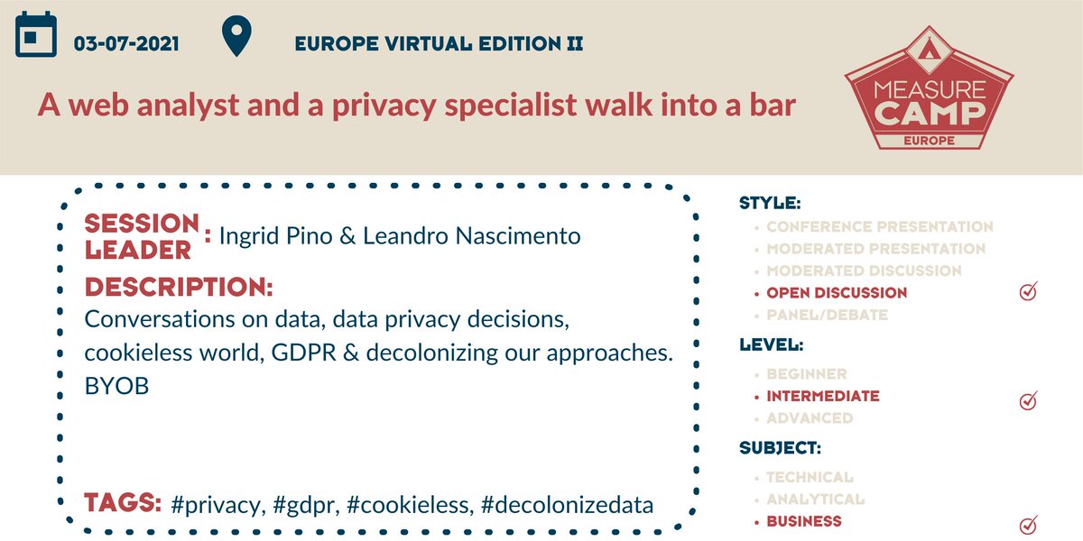 Final session to be shared tonight will be a tag team effort at #MeasureCamp Europe by <a href="/leandrosn/">unJinx</a> &amp; <a href="/ingrid_pino/">Ingrid Pino</a>. They will be hosting an open discussion, prompted by a web analyst &amp; a privacy specialist walking into a bar. See all these sessions at europe.measurecamp.org/planned-sessio…