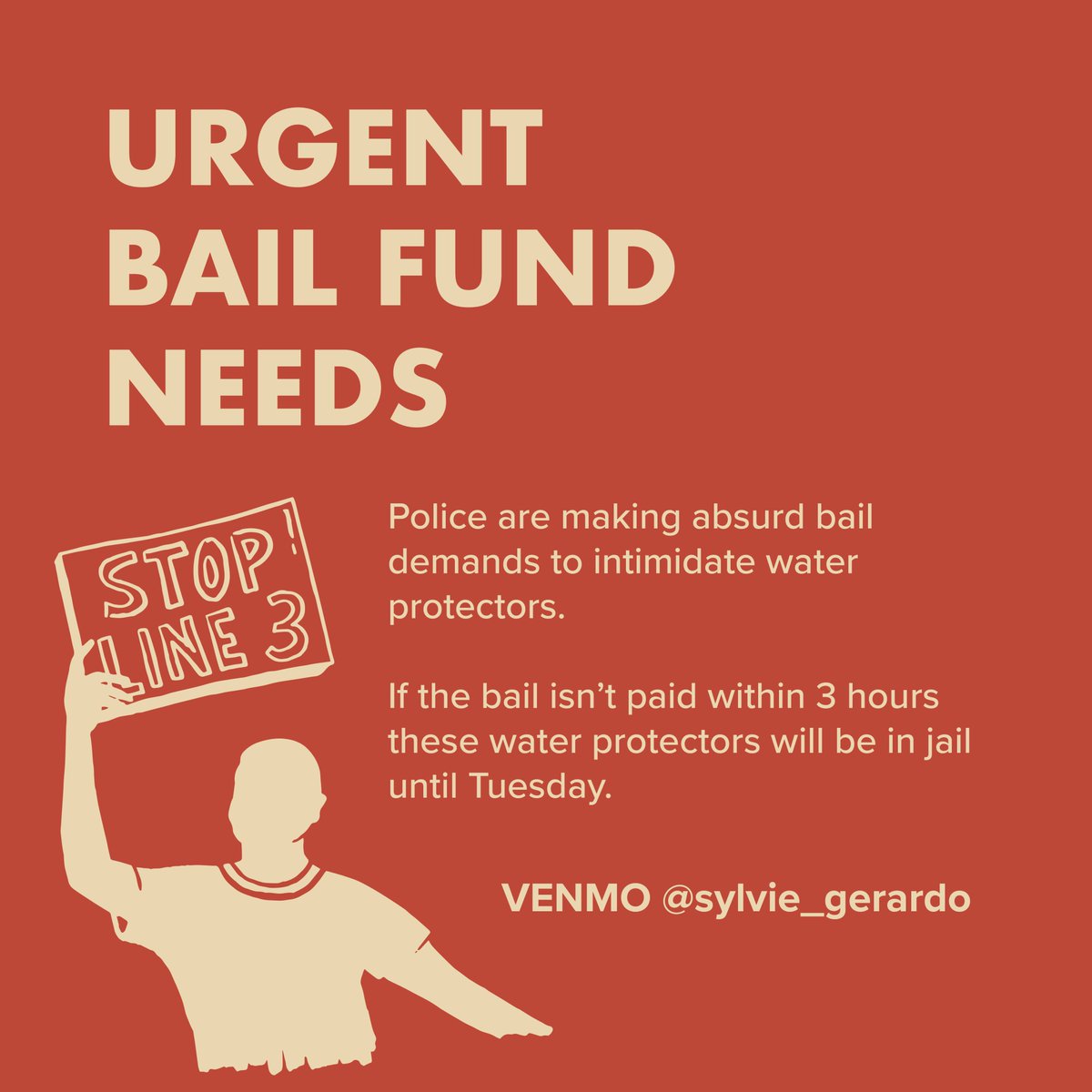 Water protectors are held hostage in Hubbard County, which is charging $5000 each to bail out folks arrested while defending MN waters. If the bail isn’t paid within 3 hours, they'll be in jail until Tuesday.

If you have cash to spare, please donate on venmo @ sylvie_gerardo !