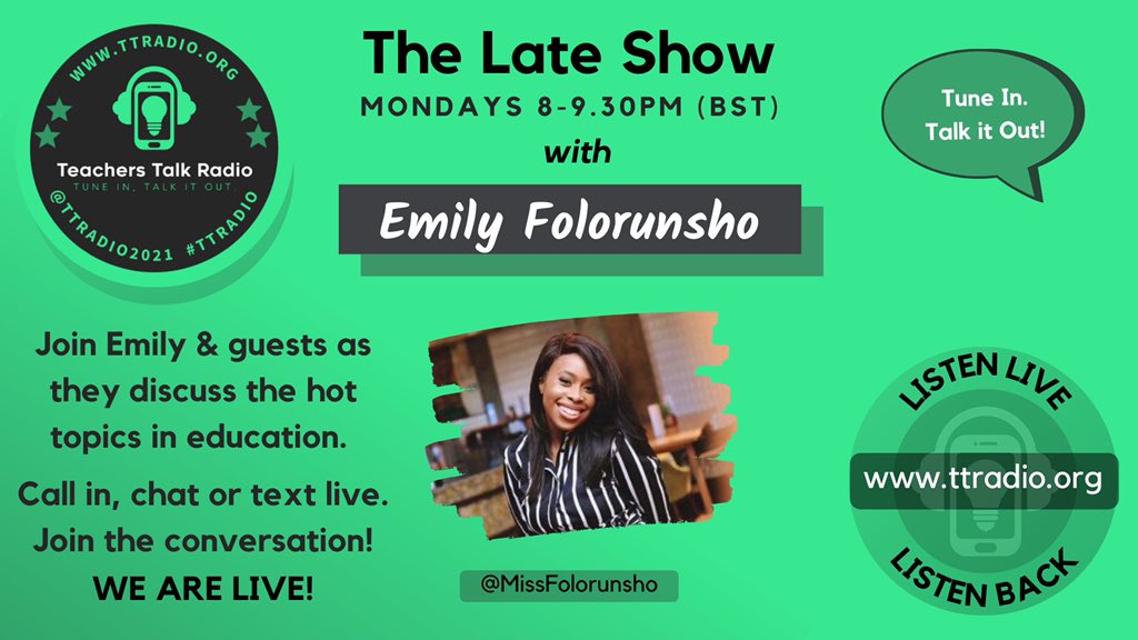 Back at my usual time next Monday....

MON 5th JULY!!! 

I will be interviewing from: 

🎙8-8.45pm My headteacher <a href="/Headteacher_BA/">Headteacher</a> 🥳🥳

📻🔊 8.50-9.30 <a href="/MissHudsonHist/">Miss Hudson</a> 

Join the conversation by calling in live. 📞📱🗣

@TTRadio2021 

podbean.com/lsw/ttradio
