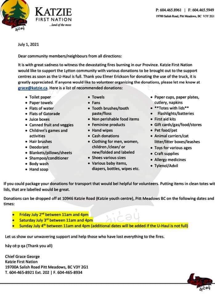 Katzie First Nation is collecting donations to support the Lytton community. Please see letter from Chief George: