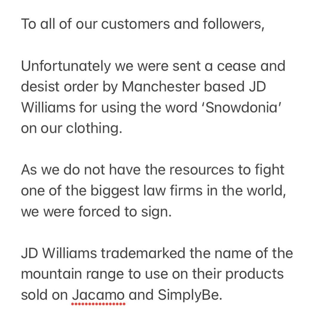 ExplSnowdonia's tweet photo. We were disgusted to read that @jdwfashion has stopped @eryri_clothing, a local business based in Snowdonia, from using the word Snowdonia on their clothing! 

Let’s all show our support for this local company and show that no large corporation has the right to own Snowdonia! 🏴󠁧󠁢󠁷󠁬󠁳󠁿 https://t.co/sokX48Oaru