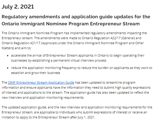 rekaillp's tweet photo. #OINP Regulatory amendments and application guide updates for the Ontario Immigrant Nominee Program Entrepreneur Stream. For details, see below! 

https://t.co/d9oXQasYc8 
#CdnImm #ONImm https://t.co/B1ofsWPi0x