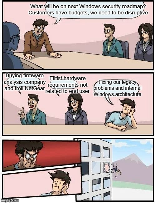 Don't misunderstood me: TPM, UEFI, SecureBoot, VBS, attestation, etc. all these technologies are good - and I adopt/push them... really.

But this does not correspond to the reality of the mass of attacks encountered on the field

> Think about macros, script, wpad, ntlm relay...