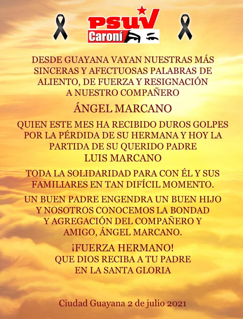 CachamayM's tweet photo. 🇻🇪#Jul02🇻🇪
El EPP Cachamay se une al duelo por la perdida del padre de nuestro camarada @amarcanopsuv pidiendo a Dios que le otorgue fortaleza ante está dolorosa perdida
#CiudadGuayanaParaVivir
#VamosCiudadGuayana
@NicolasMaduro @ConElMazoDando @EdgarBravoLaVoz @ROSELYSALAZAR https://t.co/U1S0tTnJfy
