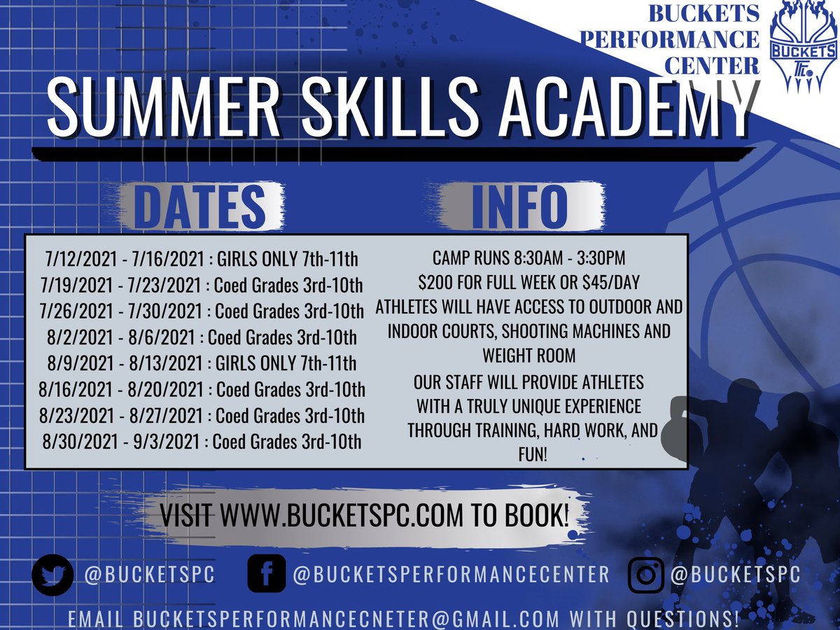 BucketsPC's tweet image. Are you ready to work?! 
Our Summer Skills Academy provides efficient and fun training. Athletes will have the opportunity to work on their game, learn, and get better!! 
Visit bucketspc.com to register!