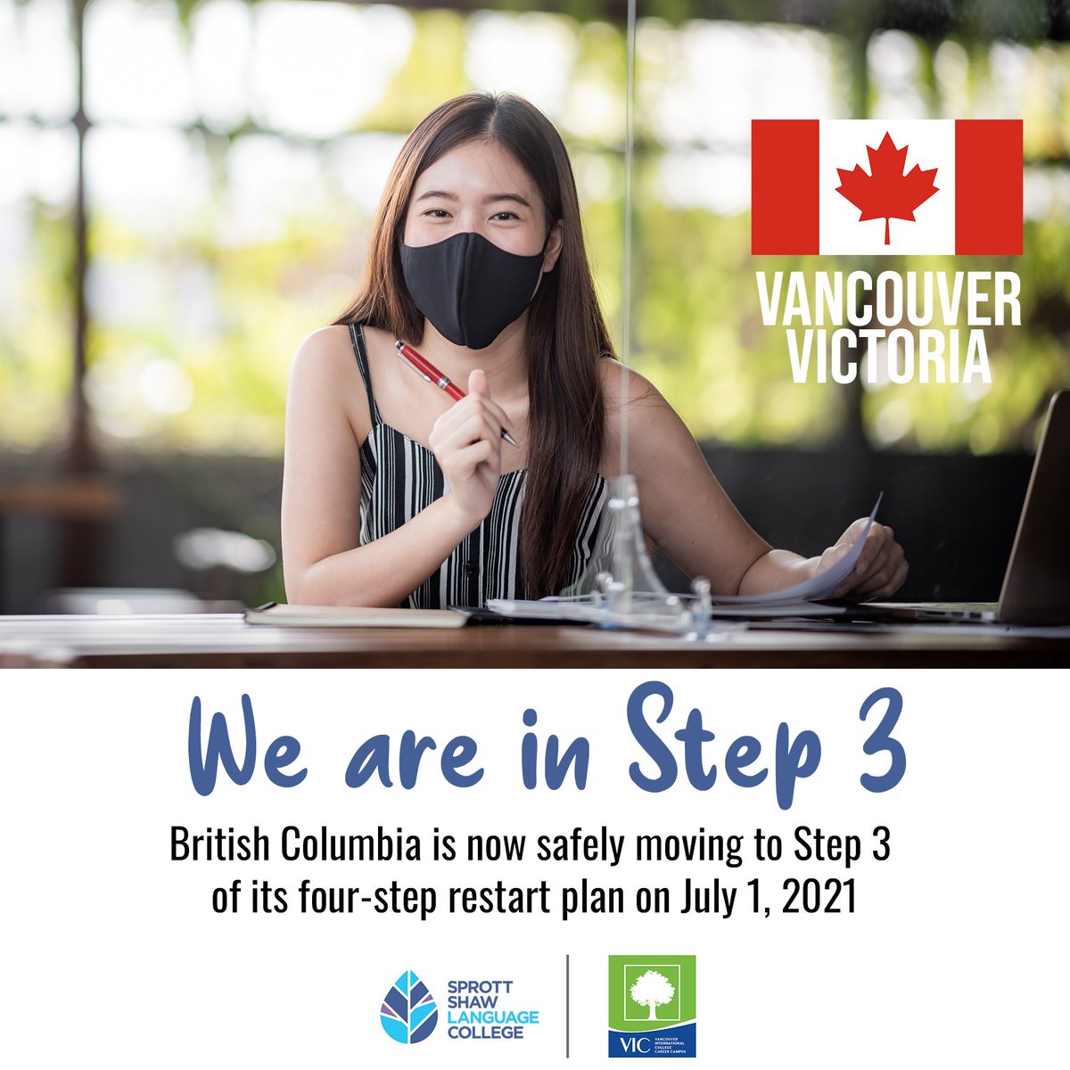 StudySSLC's tweet image. BC is now safely moving to Step 3 of its four-step restart plan on July 1, 2021, after reaching nearly 80% adult coverage for the Dose 1 vaccine and COVID-19 case counts continuing to decline. Learn more at studysslc.com/news/ 

#StudyInCanada #StudyAbroad #RestartBC
