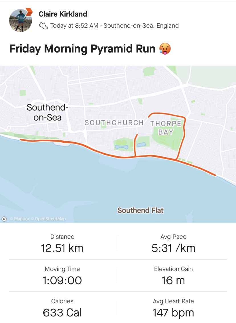 cK_Kirkland's tweet photo. Today I ran a pyramid effort run along the seafront. Was pretty warm out so was a sweaty mess by the end of the session ๐๐ฅต๐ weirdly enjoyable but did find it tough going. Happy with the stats as fairly consistent โบ๏ธ #ukrunchat #running #pyramidrun #effortsession #Southend https://t.co/vbEeIwQwGU