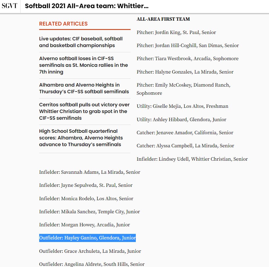 Haley Ganino (@haleyganino) on Twitter photo Proud to be named to the SGV Softball 2021 All-Area team sgvtribune.com/2021/07/01/sof…
<a href="/jeffblanco34/">Jeff Blanco</a> @MonarchSoftba11 <a href="/michaelquiroz5/">michael quiroz GHS Softball</a> <a href="/ashley3waters/">Ashley Waters</a> <a href="/JenTeague24/">Coach Teague (she/her)</a> <a href="/Bcard22/">Becca Carden</a> <a href="/kristinerb4/">Kristin Erb</a> <a href="/michaellew10/">Mike Lewis</a> <a href="/CoachButler12/">Kristen Butler</a> <a href="/bridgetorchard/">Bridget Orchard</a> <a href="/CalPolySoftball/">Cal Poly Softball</a> Proud to be named to the SGV Softball 2021 All-Area team sgvtribune.com/2021/07/01/sof…
<a href="/jeffblanco34/">Jeff Blanco</a> @MonarchSoftba11 <a href="/michaelquiroz5/">michael quiroz GHS Softball</a> <a href="/ashley3waters/">Ashley Waters</a> <a href="/JenTeague24/">Coach Teague (she/her)</a> <a href="/Bcard22/">Becca Carden</a> <a href="/kristinerb4/">Kristin Erb</a> <a href="/michaellew10/">Mike Lewis</a> <a href="/CoachButler12/">Kristen Butler</a> <a href="/bridgetorchard/">Bridget Orchard</a> <a href="/CalPolySoftball/">Cal Poly Softball</a>