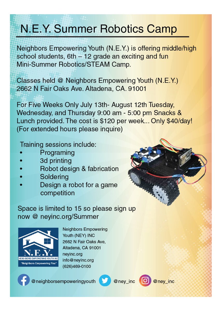 ney_inc's tweet image. We are pleased to announce we will be offering a paid 5 week Summer Robotics/STEM Camp. for middle/high school students, 6th – 12 graders. Classes start on July 13th.

Space is limited to 15, so please sign up now @ neyinc.org/summer 

#summerrobotics 
#STEAMCAMP
#robotics