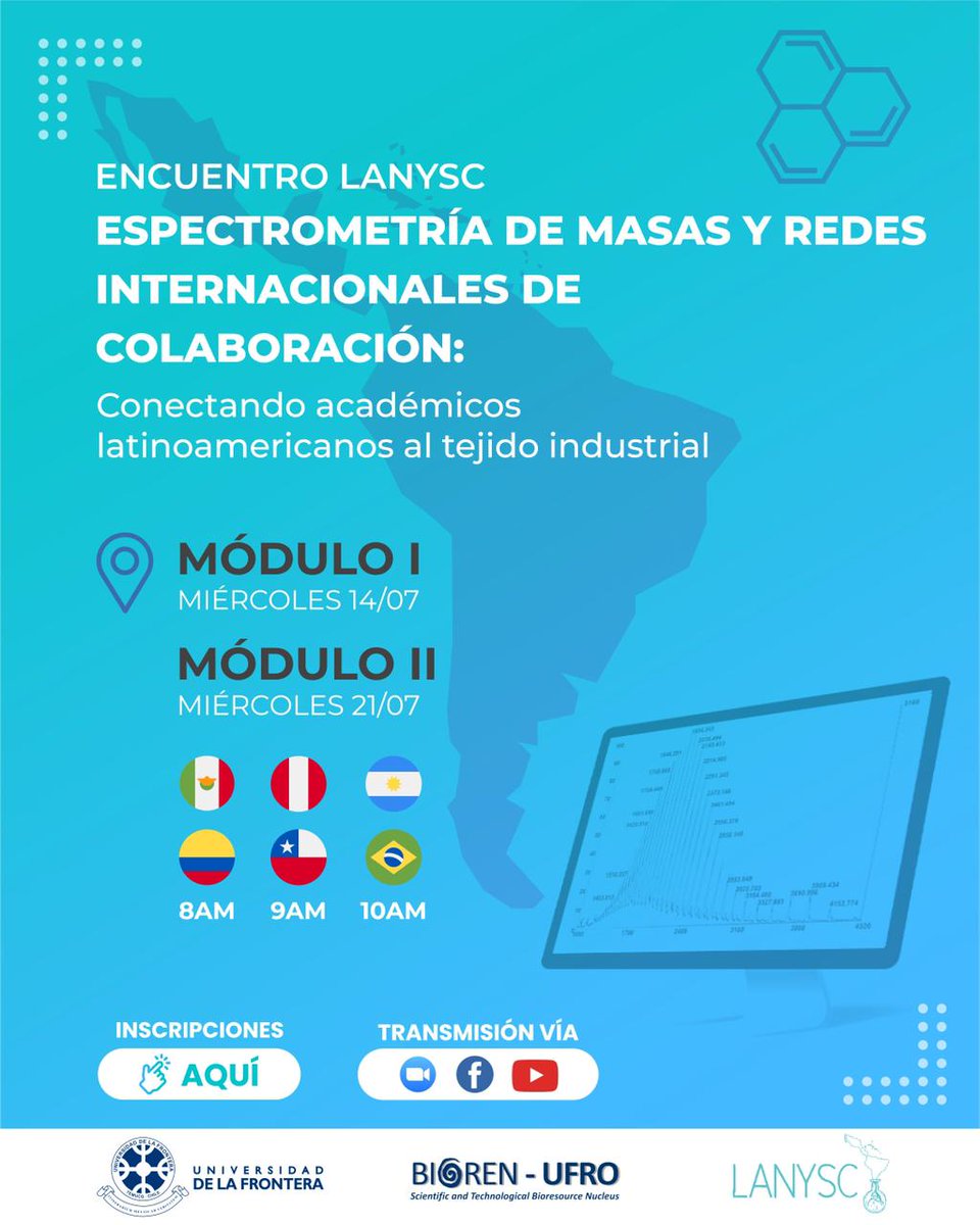 📢#ENCUENTRO ‼️
<a href="/LANYSC1/">LANYSC</a>  y <a href="/bioren_ufro/">BIOREN (Ufro)</a>  Te invitan al #evento:

💻“#Espectrometría de masas y redes internacionales de colaboración: Conectando académicos #latinoamericanos al tejido industrial” a realizarse los días 14 y 21 de Julio 📑

📋Inscripciones: reuna.zoom.us/meeting/regist…