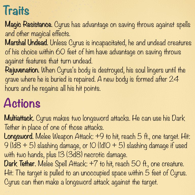 TheHuntersJour1's tweet photo. Day 5 of the Chrono Trigger side bosses with Cyrus, Knight of Regret. Once the Knight Captain of Guardia, Cyrus was slain by the Fiendlord Magus. The once heroic Cyrus now wanders his tomb as a violent and deadly spirit.

#dnd #dndhomebrew #statblock #ChronoTrigger https://t.co/gZy2GeTPqP