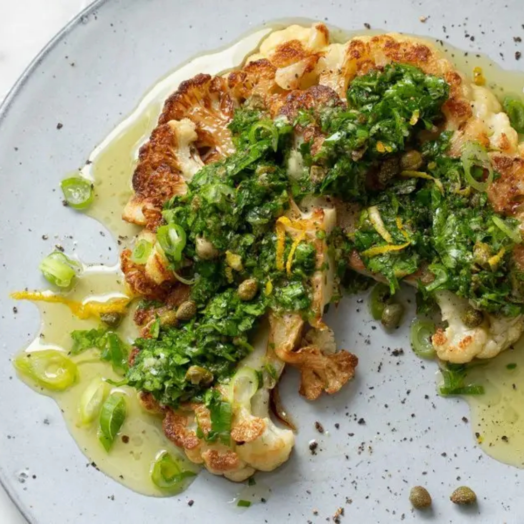 This Roasted Cauliflower with Salsa Verde packs enough interest to turn a “Meatless Monday” into a steak dinner whenever….as long as it’s a cauliflower steak! Join us &amp; learn great knife skills!