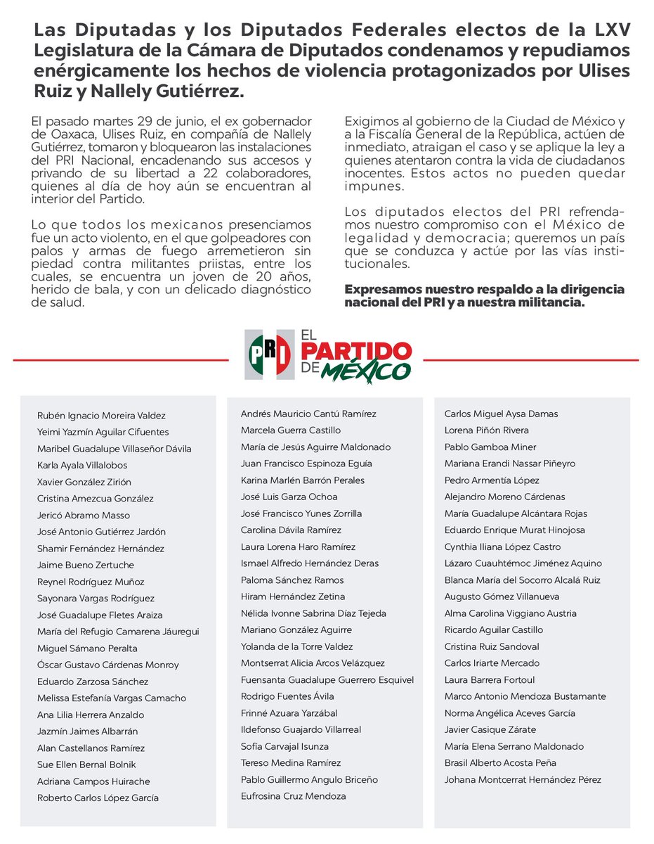 PRI_Nacional's tweet photo. Comunicado de las Diputadas y Diputados Federales Electos de la LXV Legislatura de la Cámara de Diputados. https://t.co/Z3ZVfv61VK