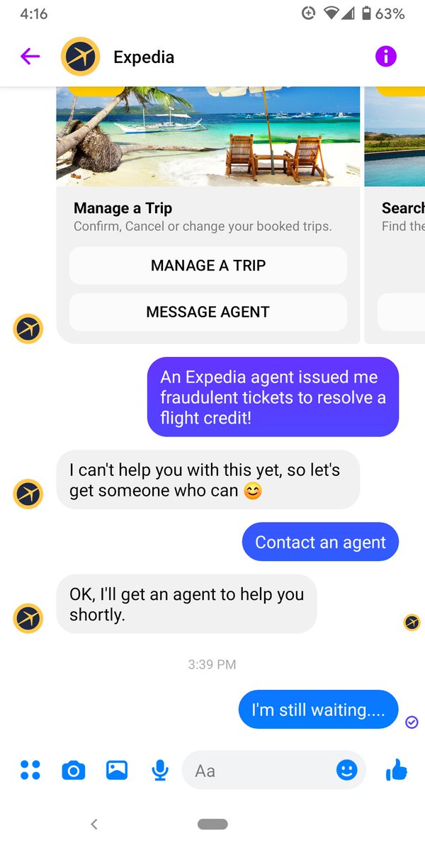 KatKawash's tweet photo. @Expedia @ExpediaHelp Still waiting on your help since your agent issued me a FAKE RESERVATION and tickets when I needed to use the airline credit! #ExpediaFraud https://t.co/aSZI7QzAqN