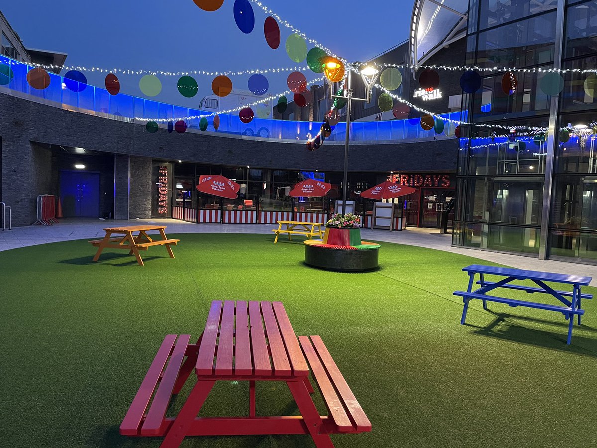 So proud of this installation of a summer garden &amp; event space our shopping centre clients.
Artificial grass, aerial installation including lighting &amp;hanging mobiles, a brightly coloured custom built bench &amp; our giant selfie heart.
All designed and installed by our in house team.