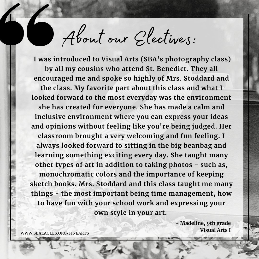 SBA art students have received many awards locally, regionally &amp; nationally, but in addition to that, our students are able to truly discover their own unique voice in our various arts electives. Photography is just one of those. Learn more at sbaeagles.org/finearts