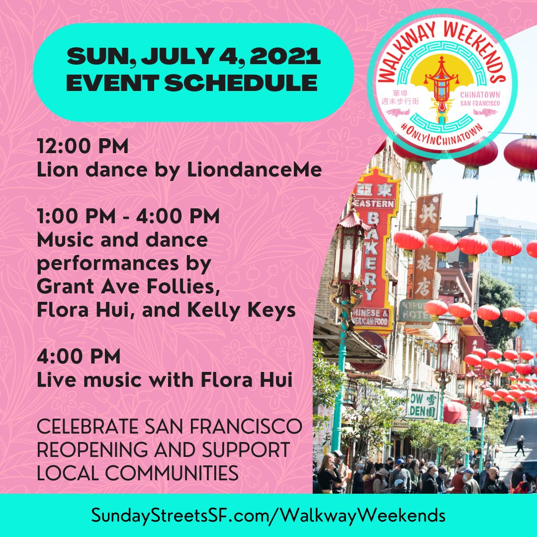 💚 Happenings this weekend #OnlyInChinatown ↓

🗓 Walkway Weekends: every Saturday &amp; Sunday
🕚 11am - 5pm
📍 Grant Ave b/t California and Washington

More info and calendar updates:
🔗 sundaystreetssf.com/walkwayweekend…
#SanFrancisco #Chinatown #OpenStreets #CarFree