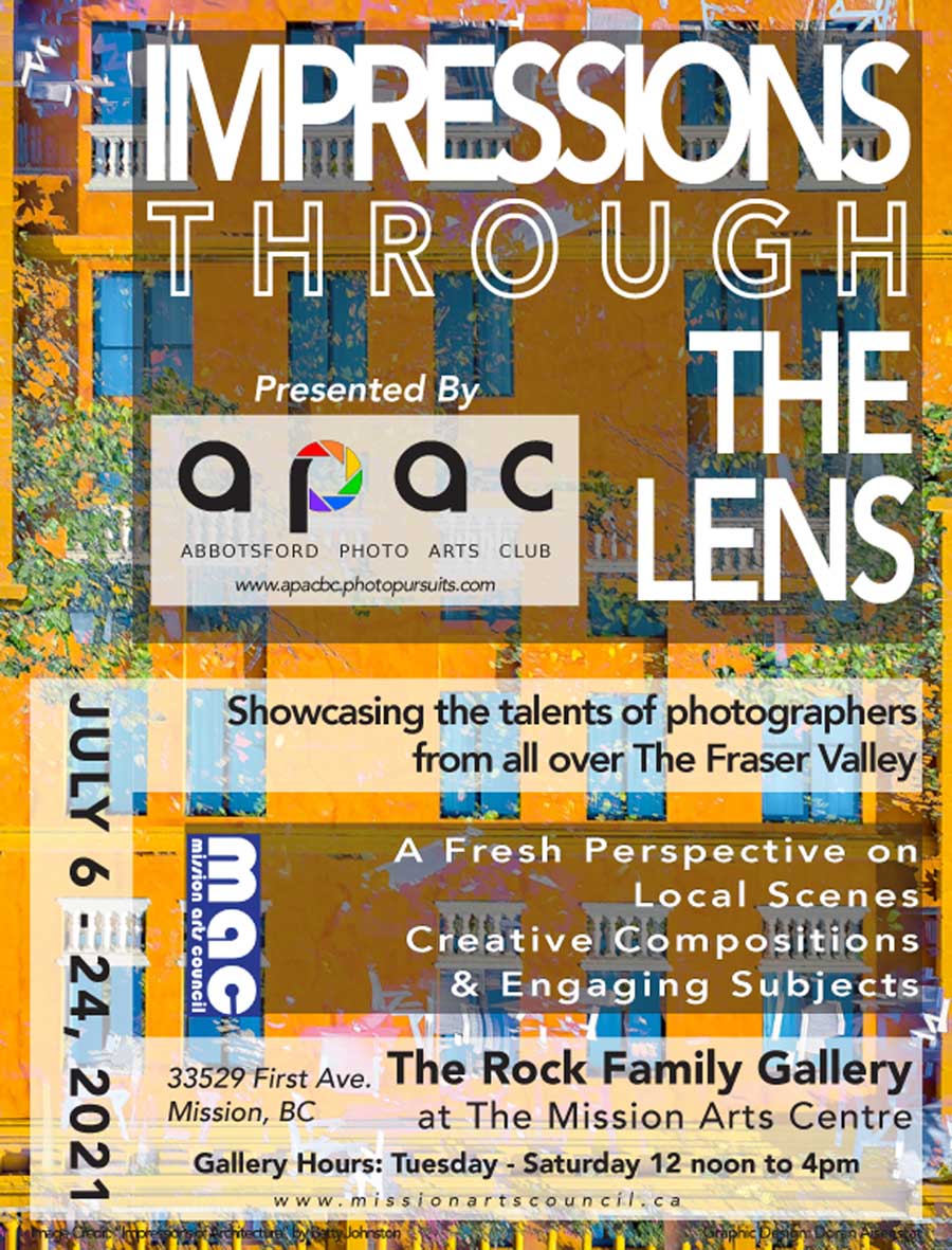 New exhibition at the Mission Arts Centre starting Tuesday. "Impressions Through the Lens" a photography show by the Abbotsford Photo Arts Club runs July 6-24.

#MisssionBC #APAC #Photography #AbbotsfordPhotoArtsClub
