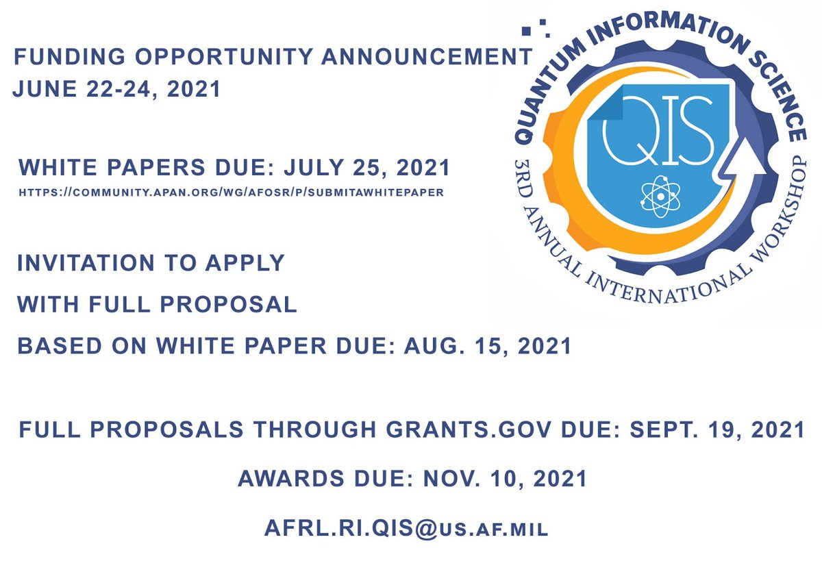 Interested in applying for QIS 3.0's opportunity?Submit a white paper in the scope of AFRL/AFOSR's open BAA FA9550-21-S-0001. White papers due Sun., July 25, 2021. Details: innovare.org/qis3#QIS-annou… #BasicResearch #QuantumInformationScience #Grants #FundYourScience #FundingFriday