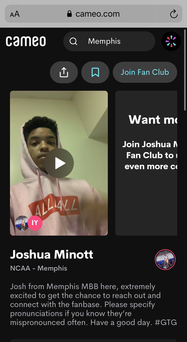 Memphis Tigers incoming freshman @joshminott is among a ton of NCAA athletes now on @BookCameo. Another Tiger benefitting from their name, image and likeness.