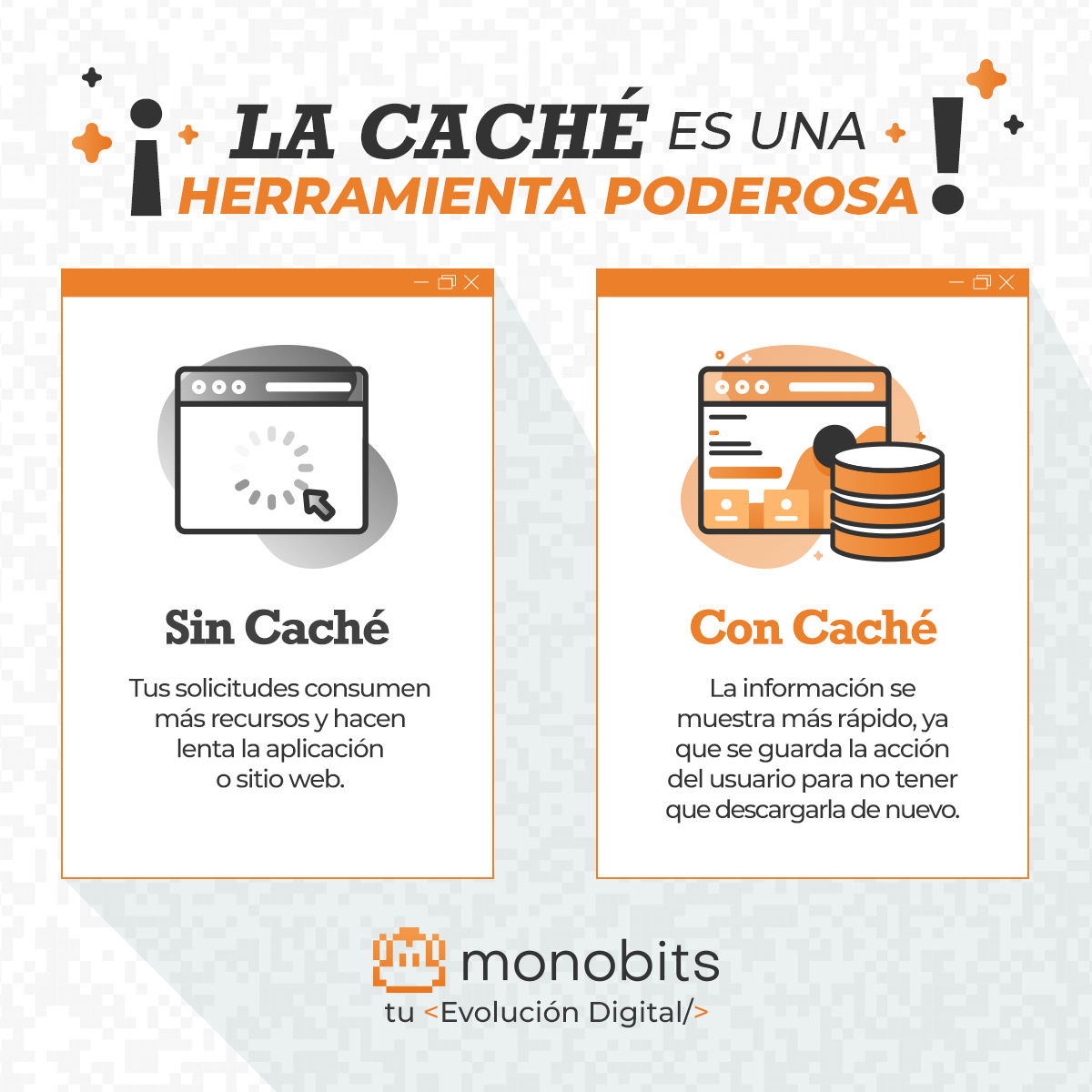 monobits_'s tweet photo. Puede que hayas oído acerca de la Caché, pero ¿Sabes para qué sirve?
¡La Caché mejorará el tiempo de carga de tu Web!🐵
Utiliza la Caché para que tu sitio o app guarden algunos recursos y los entreguen rápidamente cuando el usuario lo solicite.
#MonobitsTech #Caché #SitioWeb https://t.co/pX6DvNDoCm