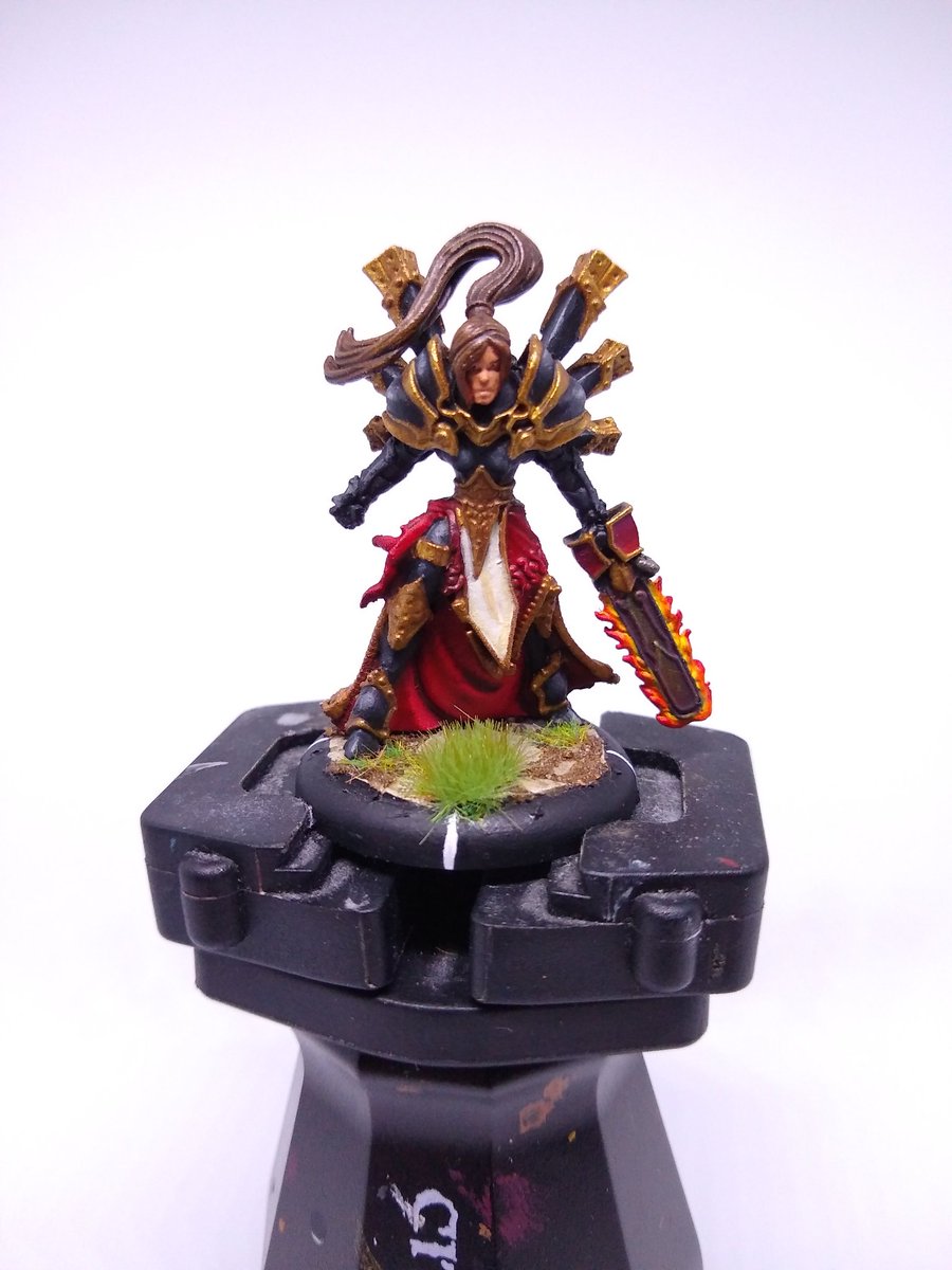 Zhinrak's tweet image. Have you ever been so angry that you needed a chainsaw made of fire?

Really looking forward to playing Feora the Foresaken soon. She is one of my favourite warcasters. 

#Warmachine #Menoth
